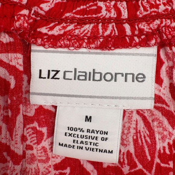 Liz Claiborne Red Floral Print Rayon Blouse size Medium Ruffled Cap Sleeves - Picture 2 of 4